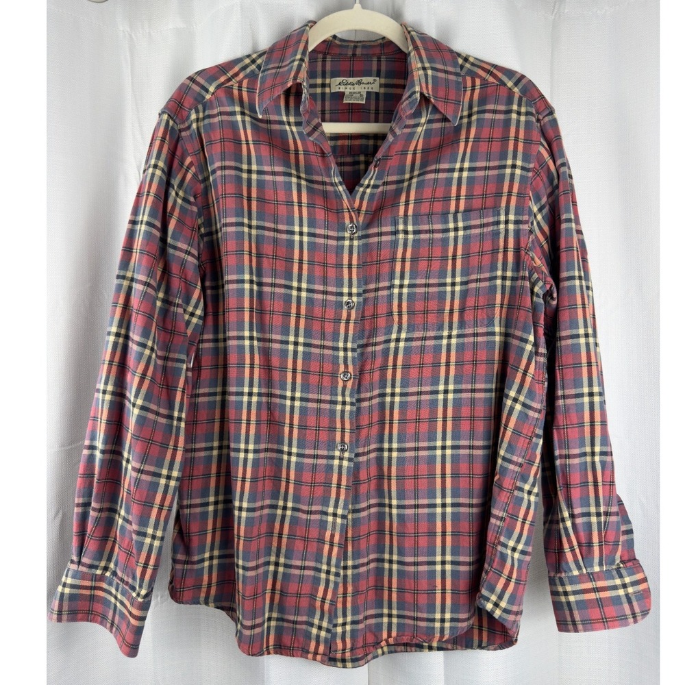 Vintage Eddie Bauer Plaid Flannel Shirt Red Navy Tan Cotton Button Down Medium